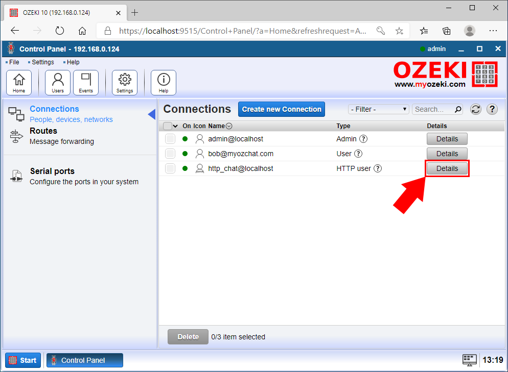 open http connection details page
