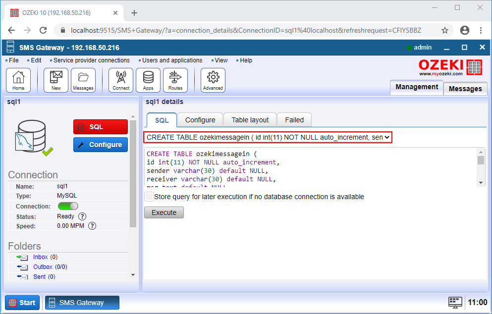 how to create table for incoming messages in ozeki