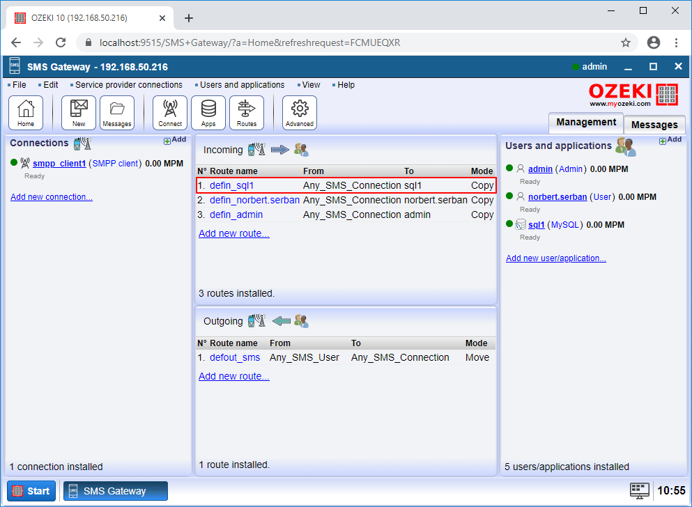 how ozeki routes messages to the database
